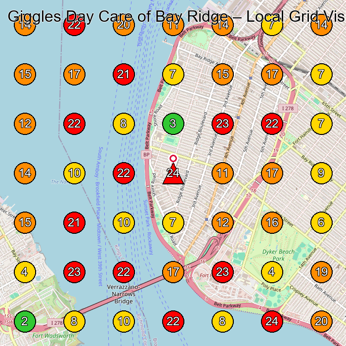 Giggles Day Care of Bay Ridge Day Care Center GeoGrid ranking map for Brooklyn NY